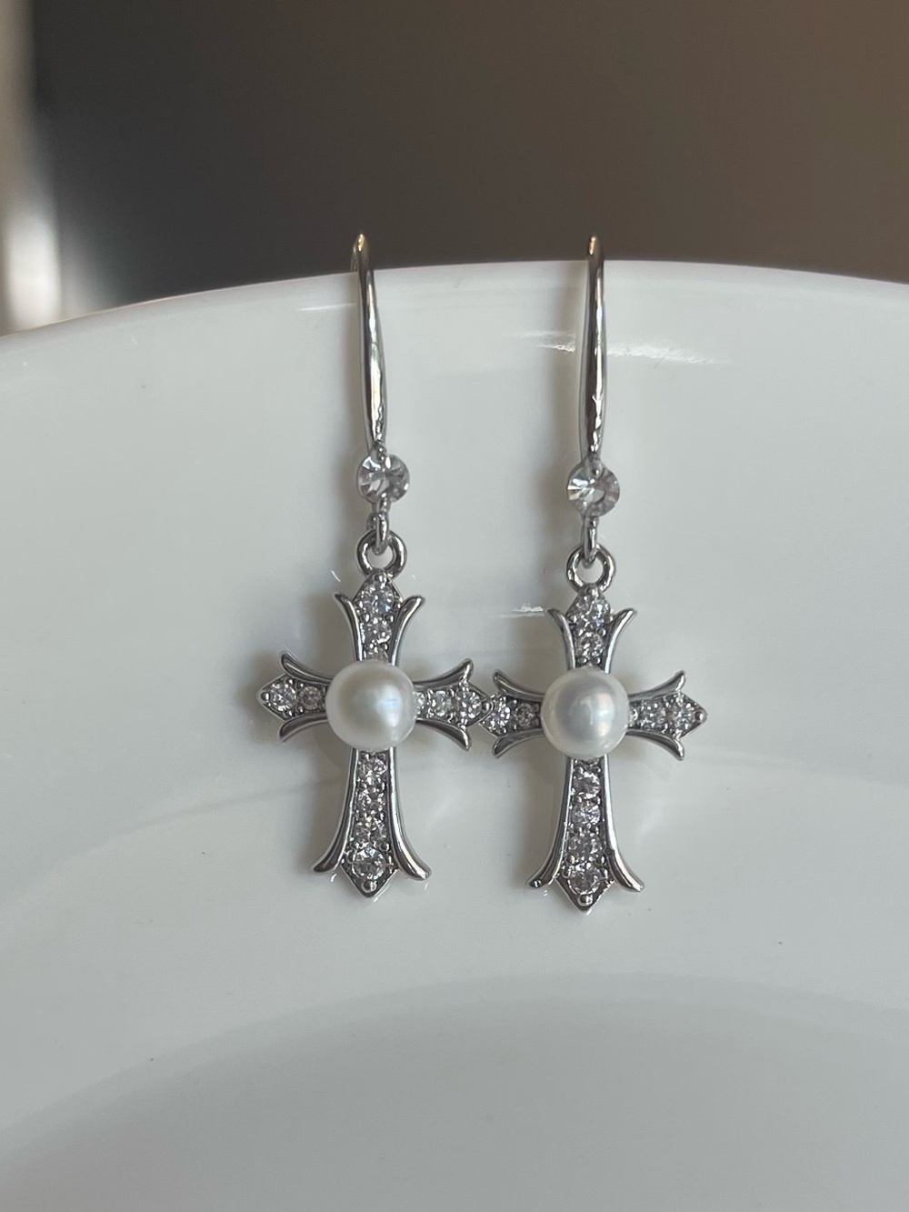 Silver Cross Freshwater Pearl Drop Earrings - White
